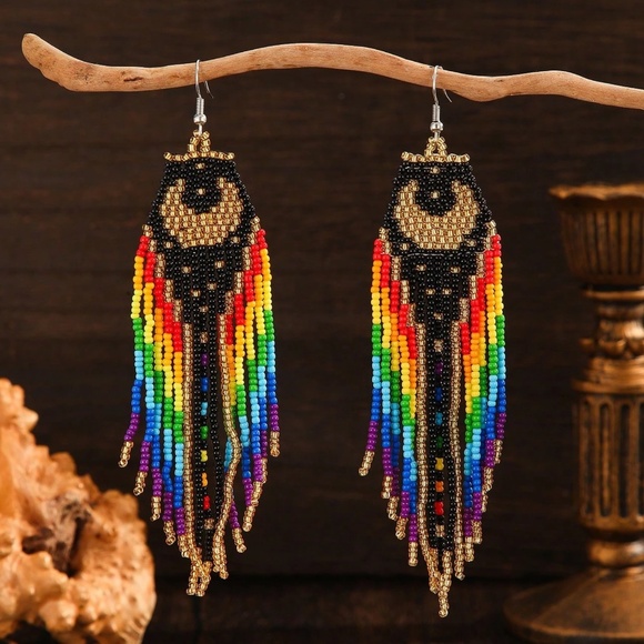 Boho Multicolor Rainbow Moon Shakra Beaded Drop Earrings - Picture 2 of 2